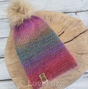 COPY - Women's Beanie with Fur Pom- Pink Rainbow